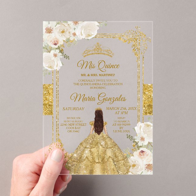 Gold & White Floral Birthday Crown Mis Quince Acrylic Invitations (Insitu (Handheld))
