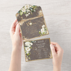 Gold White Floral Botanical Elegant Rustic All In One Invitation