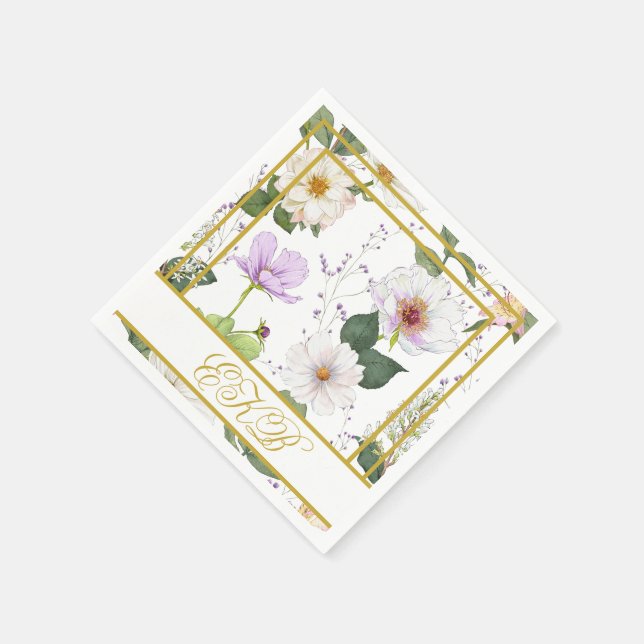 Gold White Floral Elegant Modern Monogram Napkins (Corner)