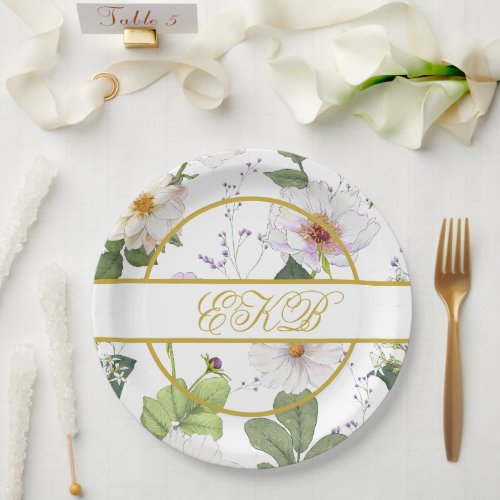 Gold White Floral Elegant Modern Monogram Paper Plates