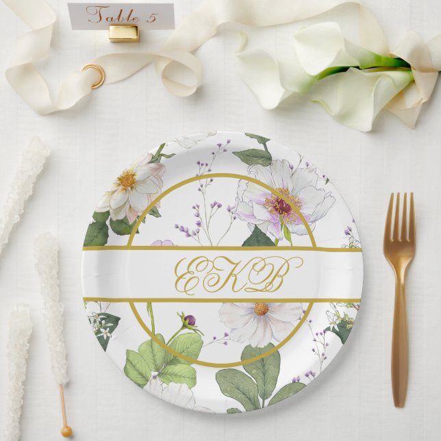 Gold White Floral Elegant Modern Monogram Paper Plates (Wedding)