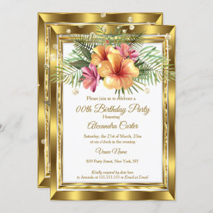 Gold white Floral Hibiscus Birthday Party Invitation