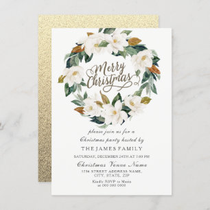 Gold & White Floral Leaf Wreath Christmas Party Invitation