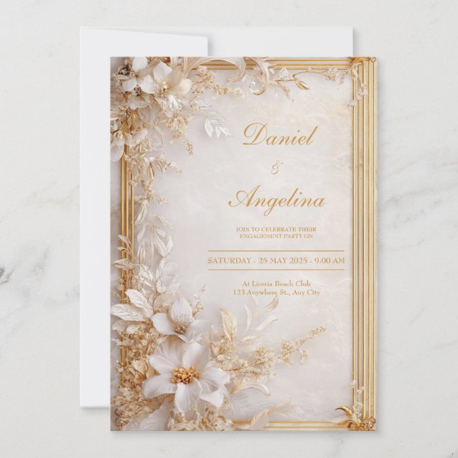 Gold White Floral Marble Glamorous Wedding Invitation (Front)