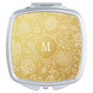 Gold & White Floral Monogram Compact Mirror
