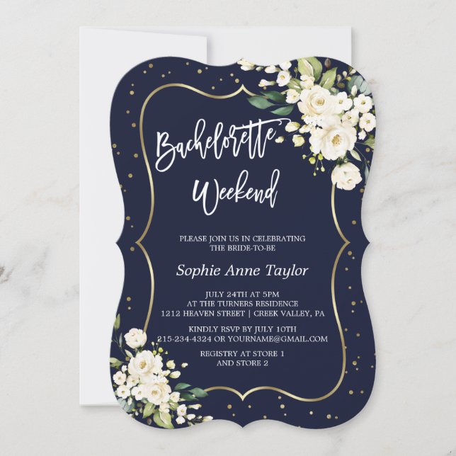 Gold White Floral Navy Bachelorette Weekend Invitation (Front)