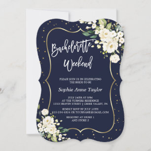 Gold White Floral Navy Bachelorette Weekend Invitation