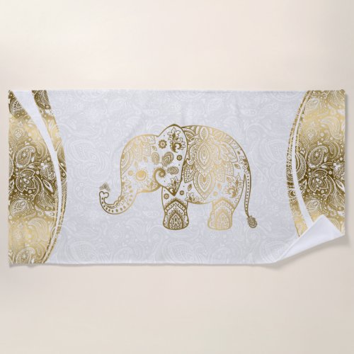 Gold  White Floral Paisley Elephant Beach Towel