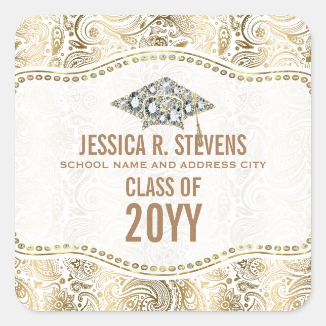 Gold & White Floral Paisley Graduation Hat Square Sticker (Front)