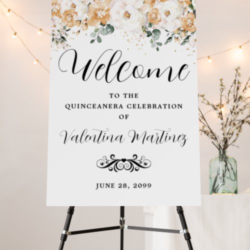 Gold White Floral Quinceanera Welcome Foam Board
