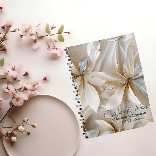 Gold  White Floral Satin Wedding Plans Notebook