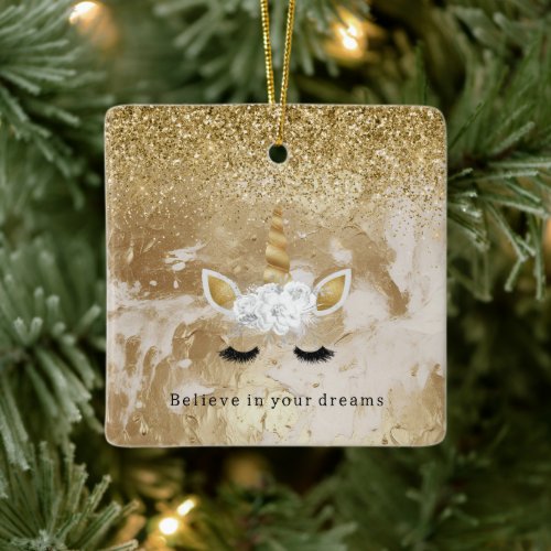 Gold White Floral Unicorn Sparkle  Ceramic Ornament