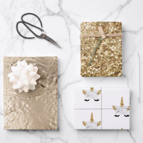 Gold White Floral Unicorn Wrapping Paper Sheets