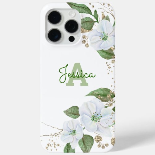 Gold White Floral Watercolor Monogram Script Chic iPhone 15 Pro Max Case