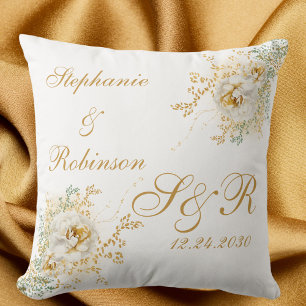Gold White Floral Watercolor Monogram Wedding Throw Pillow