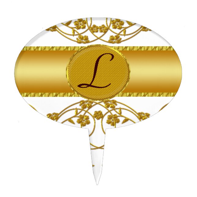 Gold & White Floral Wedding Monogram Cake Topper (Front)