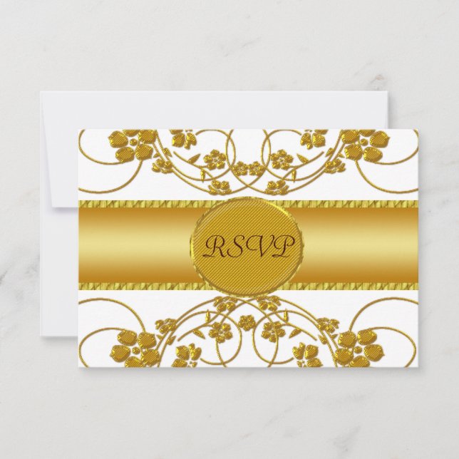 Gold & White Floral Wedding Monogram RSVP Card (Front)
