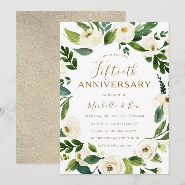 Gold White Floral Wreath 50th Wedding Anniversary Invitation (Front/Back)