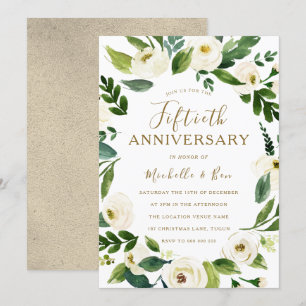 Gold White Floral Wreath 50th Wedding Anniversary Invitation
