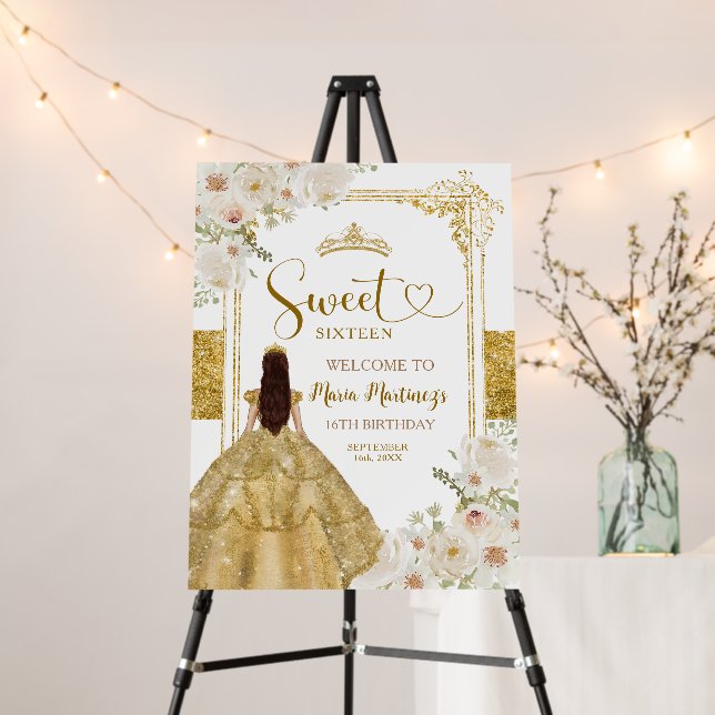 Gold & White Flower Sweet 16 Birthday Welcome Sign (In Situ (Stand))