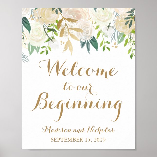 Gold White Flower Welcome to Our Beginning Sign (Front)