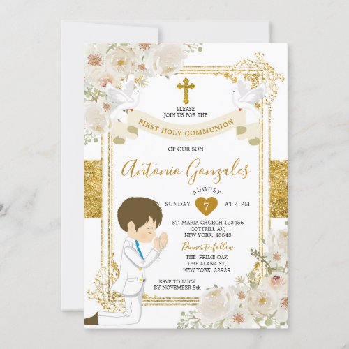 Gold White Flowers Boy First Holy Communion Invitation