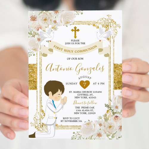 Gold White Flowers Boy First Holy Communion Invitation