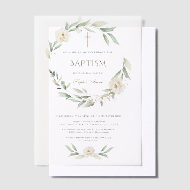 Gold White Flowers Cross Baptism Vellum Invitations (Offset)