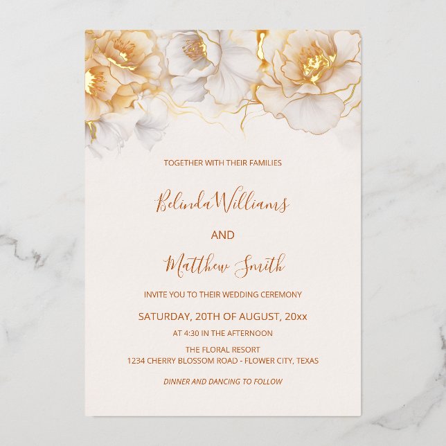 Gold White Flowers  Foil Invitation (Front)