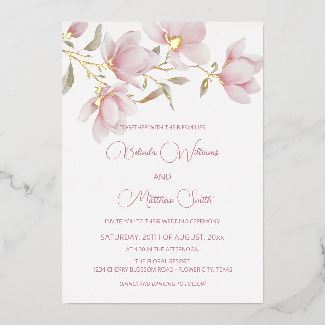 Gold White Flowers  Foil Invitation (Front)