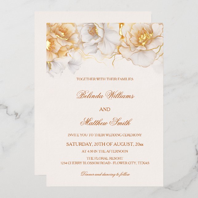 Gold White Flowers  Foil Invitation (Front/Back)