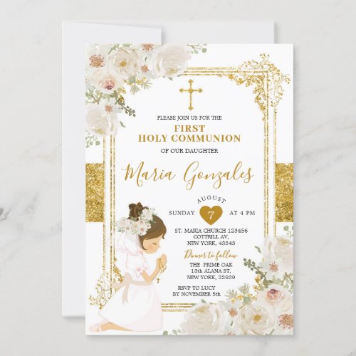 Gold White Flowers Girl First Holy Communion Invitation