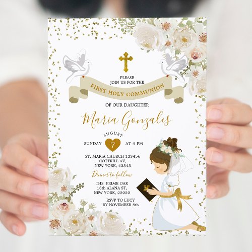 Gold White Flowers Girl First Holy Communion Invitation