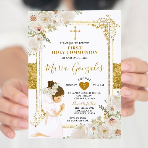 Gold White Flowers Girl First Holy Communion Invitation