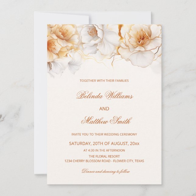 Gold White Flowers  Invitation (Front)