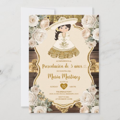 Gold White Flowers Presentacin De Tres Aos Invitation