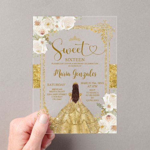 Gold &amp; White Flowers Sweet Sixteen Crown Birthday Acrylic Invitations