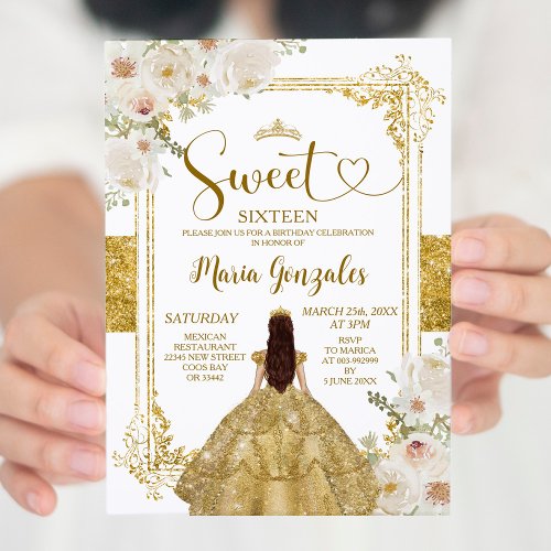 Gold  White Flowers Sweet Sixteen Crown Birthday Invitation