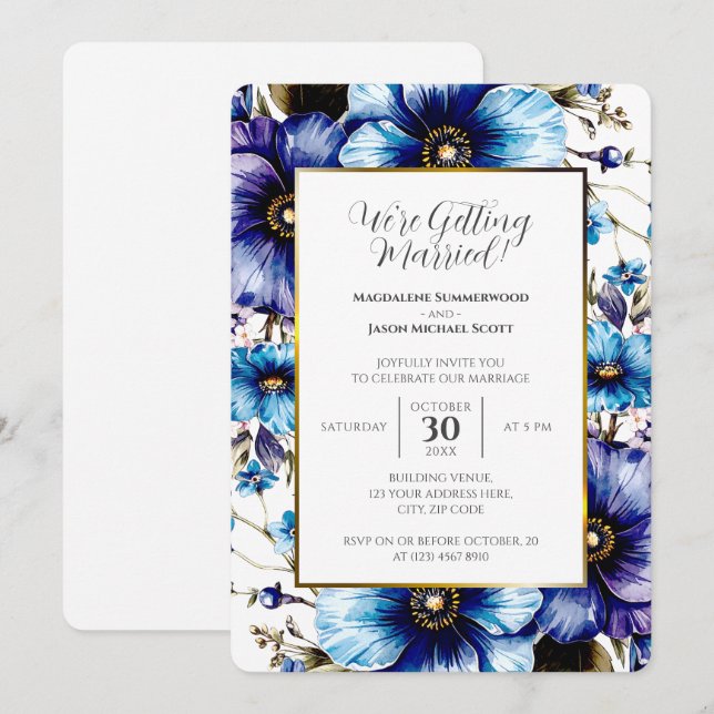 Gold White Frame Blue Purple Floral Background Invitation (Front/Back)