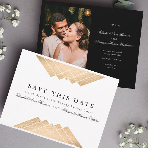 Gold White Geometric Gatsby Foil Save The Date Announcement