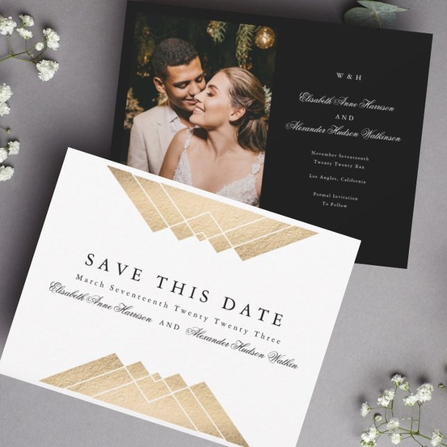 Gold White Geometric Gatsby Foil Save The Date Announcement