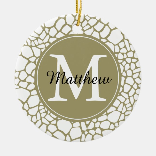Gold White Giraffe Print Monogram Ceramic Ornament (Front)