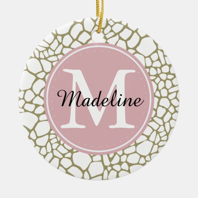 Gold White Giraffe Print Monogram Ceramic Ornament (Front)