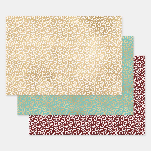 Gold White Glam Christmas Leopard Print Wrapping Paper Sheets (Set)