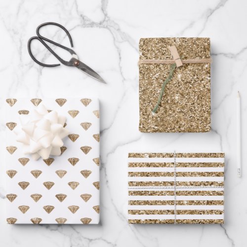 Gold White Glam Diamonds Glitter Wrapping Paper Sheets