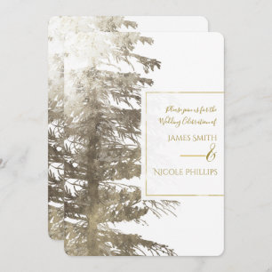 Gold & White Glam Pine Tree Rustic Forest Wedding Invitation