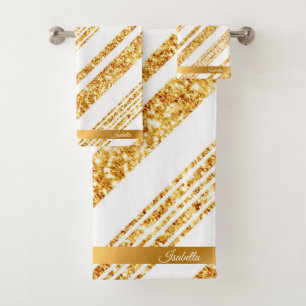 Gold White Glitter Boho Popular Stripes Collection Bath Towel Set