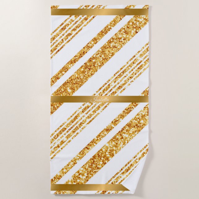 Gold White Glitter Boho Popular Stripes Collection Beach Towel (Front)