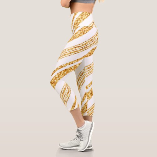 Gold White Glitter Boho Popular Stripes Collection Capri Leggings