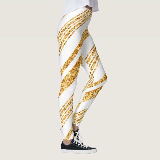 Gold White Glitter Boho Popular Stripes Collection Leggings (Right)